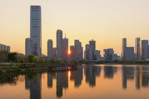 Business District Prints: One Shenzhen Bay Tower and skyline at sunset, Shenzhen Bay, Shenzhen, Guangdong, China