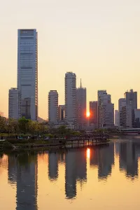 Business District Prints: One Shenzhen Bay Tower and skyline at sunset, Shenzhen Bay, Shenzhen, Guangdong, China