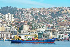 Ship near Port of Valparaiso with city in background, Valparaiso, Valparaiso Province, Valparaiso Region, Chile