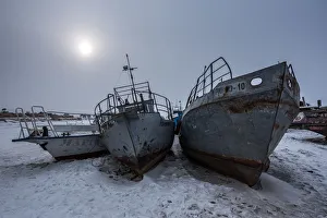 Irkutsk Region Prints: Ships at the port of Khuzhr village, lake Baikal, Khuzhir, Irkutsk region, Siberia