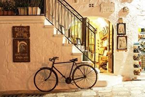 Ostuni Prints: Shop and bicycle, whitewashed walls, Ostuni, Puglia