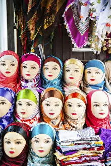 A shop in medina selling traditional headscarves, Fes, Morocco