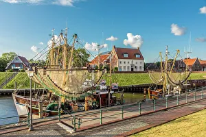 Nets Prints: Shrimp boats in the harbor of Greetsiel at sunrise, East Frisia, Lower Saxony, Germany