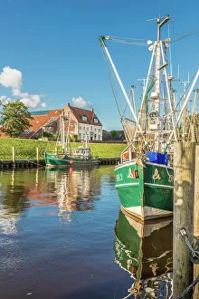 Nets Prints: Shrimp boats in the harbor of Greetsiel at sunrise, East Frisia, Lower Saxony, Germany