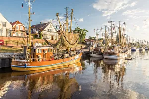 Ship Prints: Shrimp boats in the harbor of Greetsiel at sunrise, East Frisia, Lower Saxony, Germany