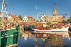 Ship Prints: Shrimp boats in the harbor of Greetsiel at sunrise, East Frisia, Lower Saxony, Germany