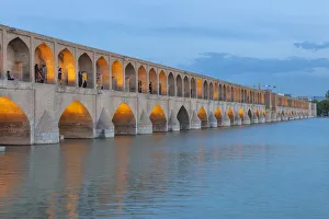Si-o-se-pol, Allahverdi Khan Bridge at night, Zayanderud river, Isfahan, Isfahan Province