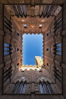 Squares Prints: Siena, Tuscany, Italy, Europe. Classic bottom view of Palazzo Pubblico with Del