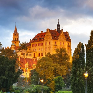 Sigmaringen Castle illuminated at sunrise, Swabia, Baden Wurttemberg, Germany, Europe