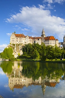 Sigmaringen Castle reflected in the river Danube, Swabia, Baden Wurttemberg, Germany