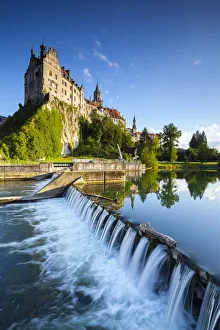 Brandenburg Prussian Prints: Sigmaringen Castle reflected in the river Danube, Swabia, Baden Wurttemberg, Germany