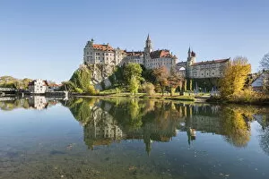 Sigmaringen castle reflects itself on the Danube river. Sigmaringen, Baden-WAA┬╝rttemberg