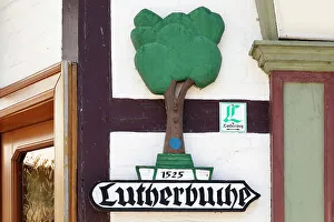 East Germany Prints: Sign about the Luther beech tree, Stolberg, Harz, Saxony-Anhalt, Germany