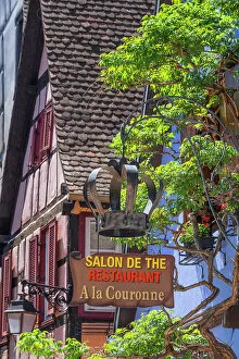 Images Dated 30th November 2022: Sign of a restaurant at Riquewihr, Haut-Rhin, Alsace, Alsace-Champagne-Ardenne-Lorraine, Grand Est