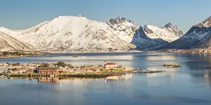 Nordland County Prints: Sildpollneset peninsula with its church and snowcapped mountains in the background