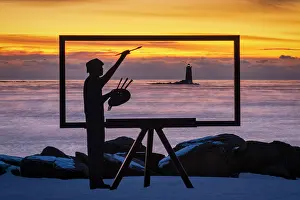 New Castle Prints: Silhouette art sculpture on coast in winter, New Castle, New Hampshire, USA