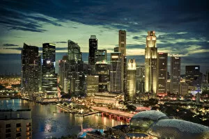 Images Dated 28th April 2011: Singapore, Aerial view of Singapore Skyline and Esplanade Theathre