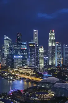 Singapore, city skyline elevated view above the Marina Reservoir, dusk
