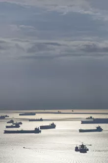Images Dated 23rd October 2015: Singapore, elevated view of the Straits of Singapore with ships, dawn