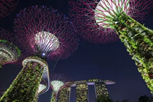 Singapore, Gardens By The Bay, Super Tree Grove and Marina Bay Sands Hotel, dusk