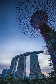 Singapore, Gardens By The Bay, Super Tree Grove and Marina Bay Sands Hotel, dusk