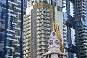 Images Dated 13th March 2012: Singapore, Lau Pa Sat Festival Market Clock Tower and Modern Buildings