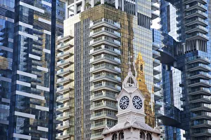 Images Dated 13th March 2012: Singapore, Lau Pa Sat Festival Market Clock Tower and Modern Buildings