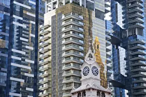 Apartment Prints: Singapore, Lau Pa Sat Festival Market Clock Tower and Modern Buildings