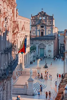 Ortigia Prints: Siracusa, Sicily. Elevated view of Duomo square with people visiting the square