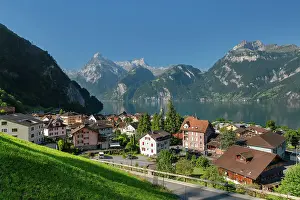 Reiseorte Prints: Sisikon at Lake Lucerne with Uri Rotstock and Gitschen mountain, Canton Uri, Switzerland
