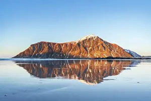Lofoten Prints: Skagsanden beach with the mountain reflecting in the wet sand at sunset