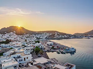 Whitewashed Prints: Skala Port at sunset, elevated view, Patmos Island, Dodecanese, Greece