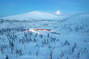 Beauty Prints: Ski area nearby a frozen snowy forest lit by moon at blue hour