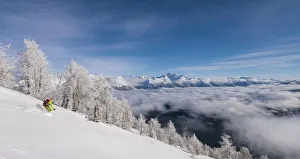 Skier Prints: Skier over the clouds at Cima della Rosetta, Valgerola, Valtellina, Lombardy, Italy, Alps