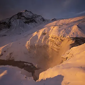 Winterscape Prints: Skogafoss waterfall at sunset, Iceland