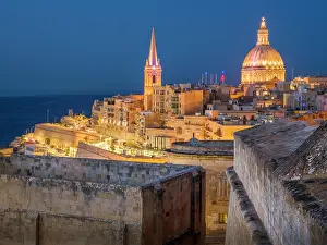 Skyline with Basilica of our Lady of Mount Carmel Dome and St.Pauls Anglican Cathedral Spire, Valletta, Malta
