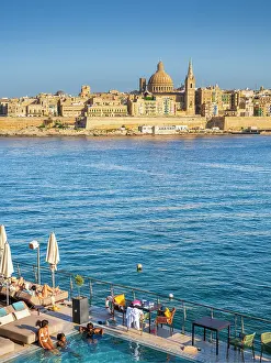 Skyline with Basilica of our Lady of Mount Carmel Dome and St.Pauls Anglican Cathedral Spire, Valletta, Malta