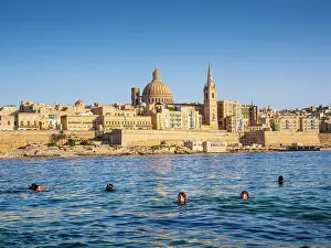 Skyline with Basilica of our Lady of Mount Carmel Dome and St.Pauls Anglican Cathedral Spire, Valletta, Malta