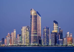 Skyline of the city center at twilight, Abu Dhabi, United Arab Emirates