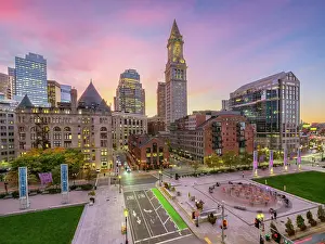 Historic Building Prints: Skyline of Custom House Clock Tower in Downtown Boston at Sunset Boston