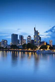 Finance Prints: Skyline at dusk, Frankfurt, Hesse, Germany