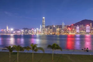 Skyline of Hong Kong Island at dusk from West Kowloon Art Park, Kowloon, Hong Kong
