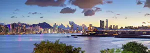 Panorama Prints: Skyline of Hong Kong Island and Kai Tak Cruise Terminal at dusk