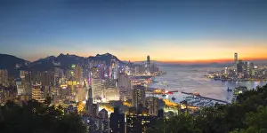 The City At Night Prints: Skyline of Hong Kong Island and Kowloon at sunset, Hong Kong