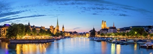 Vessels Prints: Skyline and Limmat River at dusk, Zurich, Switzerland