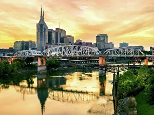 Southern Prints: Skyline of Nashville with Shelby Bridge, Cumberland River, Nashville, Tennessee, USA