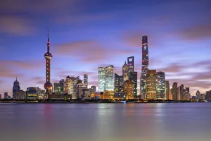 The City At Night Prints: Skyline of Pudong at dawn, Shanghai, China