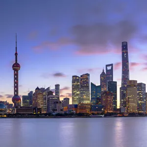 Business District Prints: Skyline of Pudong at sunrise, Shanghai, China