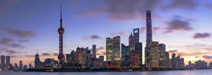 The City At Night Prints: Skyline of Pudong at sunrise, Shanghai, China