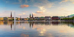Binnealster Prints: Skyline reflected in Binnenalster, Hamburg, Germany